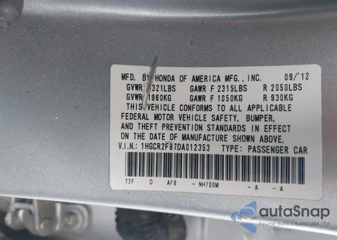 2013 Honda Accord Ex-L from USA, damaged, VIN 1HGCR2F87DA012353